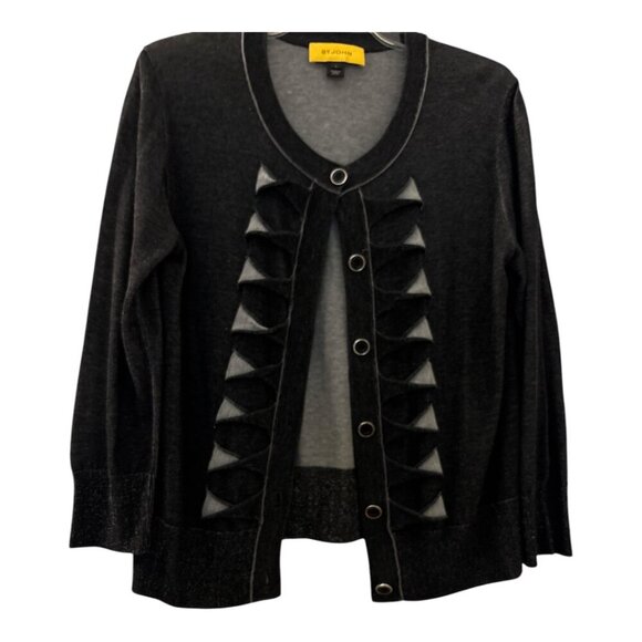 ST JOHN cardigan sweater, Large, dark gray, buttons, fabric cutouts down front. - Picture 5 of 8